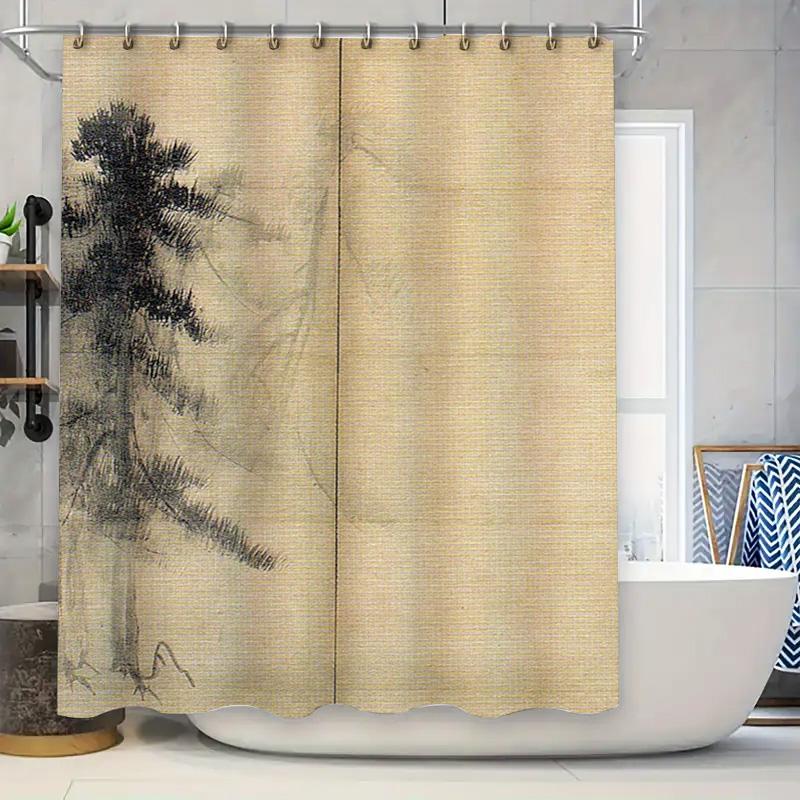 

Stylish Bathroom Curtain With Oriental Art Print For Bathtub Beige Color, Size 72X84 Inches (183Cm X 213Cm) Decorative Shower Dr W60H190(CM)-1 Pcs