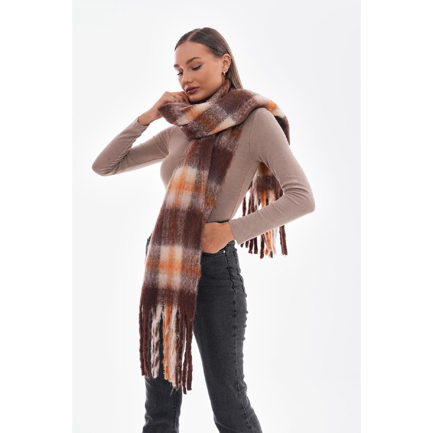 

Imported Plaid Patterned Thick Tasseled Brown Wool Scarf-shoulder Shawl 5207 экрю