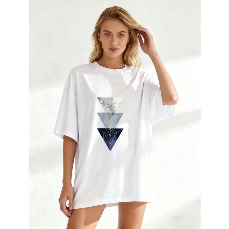 Oversized T Shirt Black Geometric Triangles Print Casual Wear