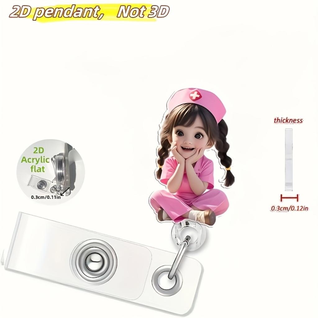 2D Flat Acrylic Pink Nurse Girl Retractable Badge Reel, Medical ID Tag Holder For Medical Students And Professional Nurse Practitioners Workplace