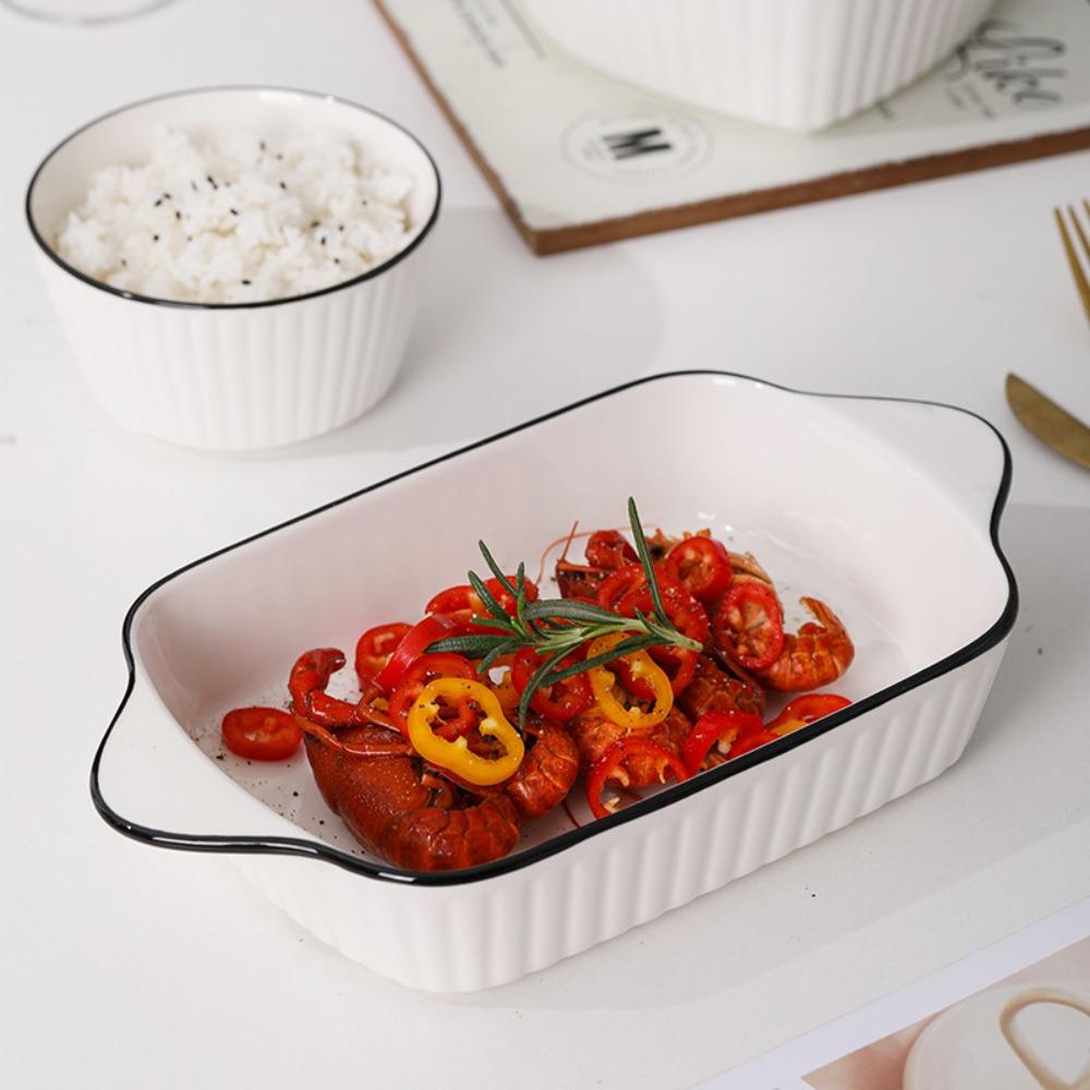 2 Piece Heat-resistant Casserole Lasagna Dish Strip Pattern Cheese Risotto Baking Dish Tiramisu