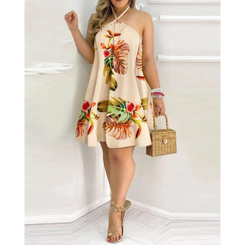 Women's Tropical Print Halter Tie Neck Sleeveless Loose A‑Line Mini Dress Summer Casual Beach Dress
