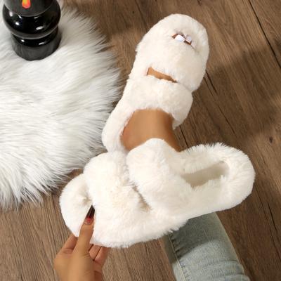 Nouvelles Pantoufles d'Hiver pour Femmes de Couleur Unie, Fourrure Duveteuse pour la Maison, Chaussons Plats d'Intérieur, Pantoufles Confortables pour Dames