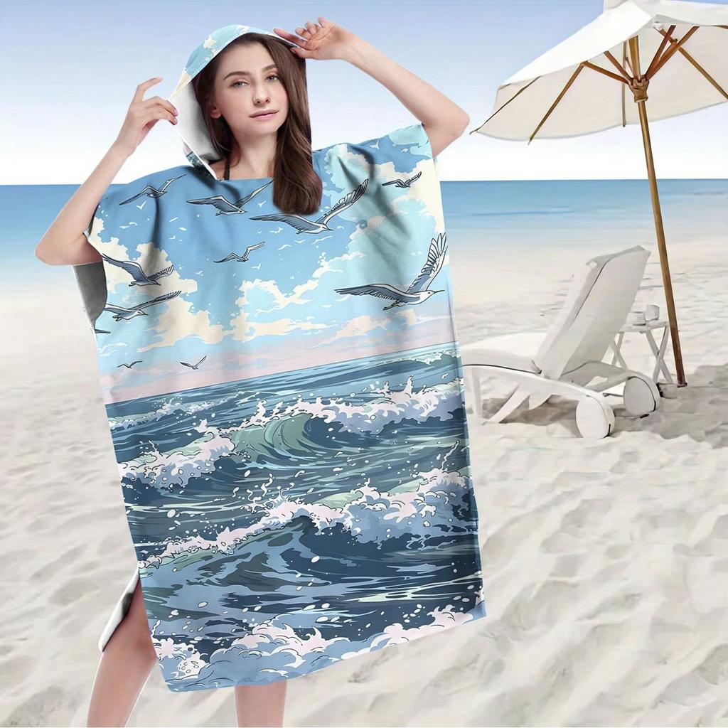 Blue Ocean Wave Flat Print Hooded Beach Towel Seagull Scenic Quick Dry Surf Poncho Changing Robe for Women Adult Travel