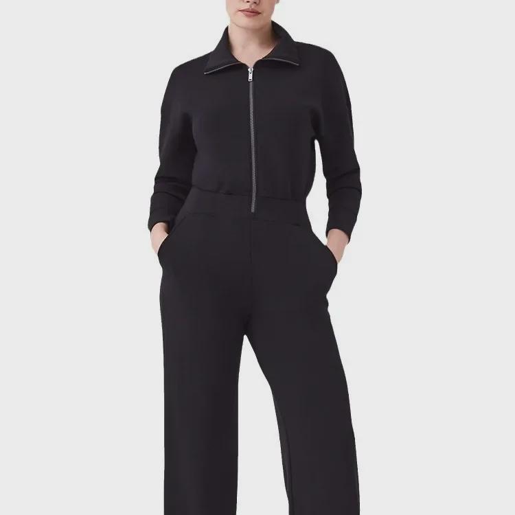2024 Women's Long-Sleeve Wide-Leg Jumpsuit with Zipper and Lapel Sweater Design