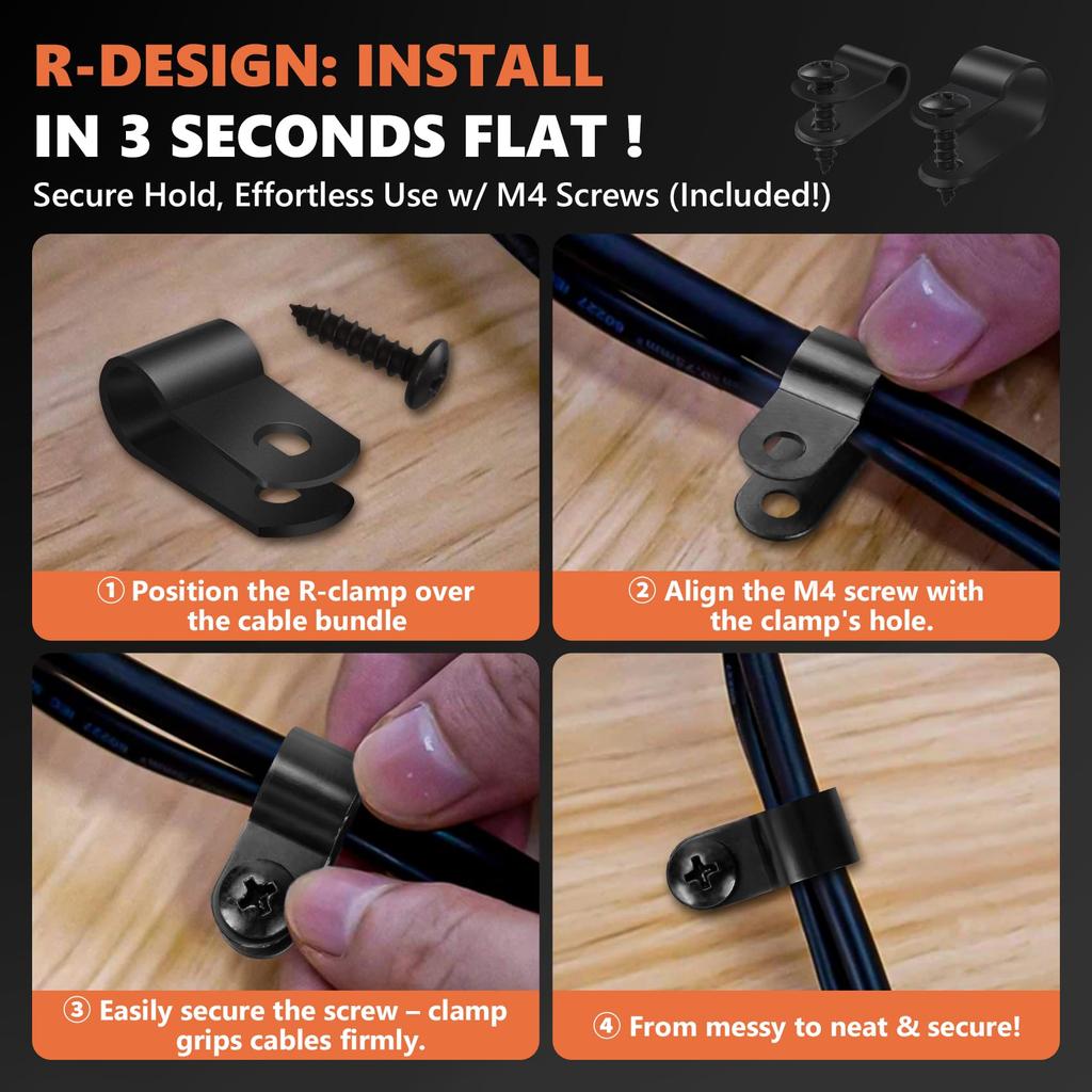 320PCS Black R Cable Clips-6 Sizes Premium PA66 Nylon | High Temp Resistant |  Wire Management Clamps