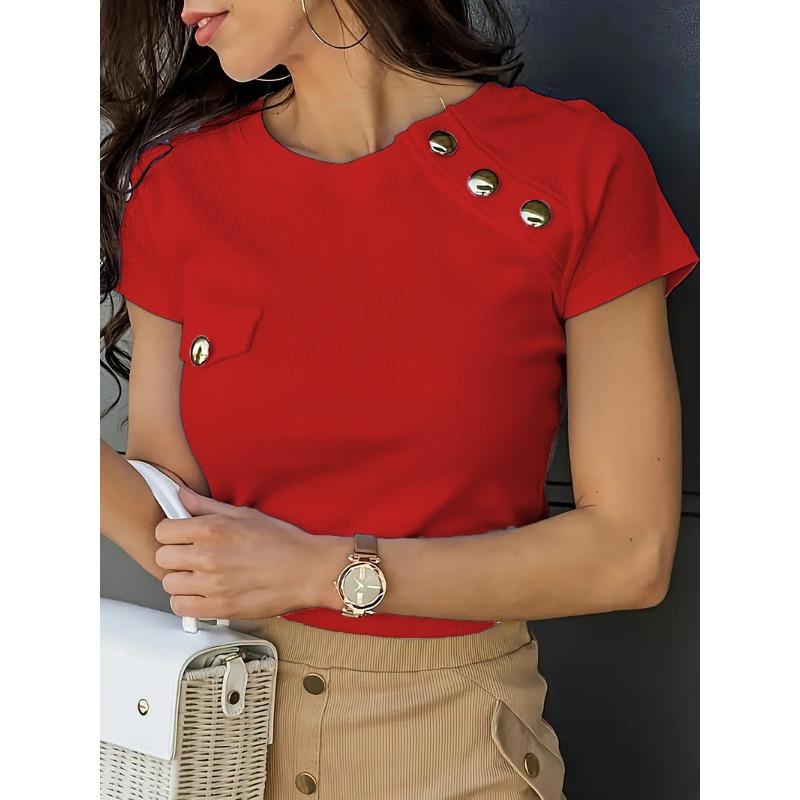Women'S Elegant Button-Front T-Shirt with Golden Button Details Faux Pockets Casual Chic Style, Date Night Outfit, Decorative Front Buttons