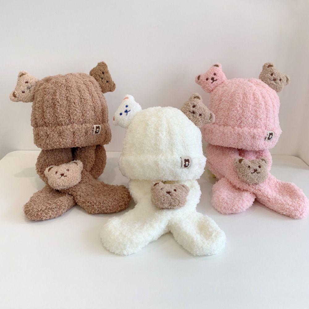 Korean Style Bear Scarf Hat Set Cute Kids Crochet Hat Children's Ear Protection Hat  Outdoor