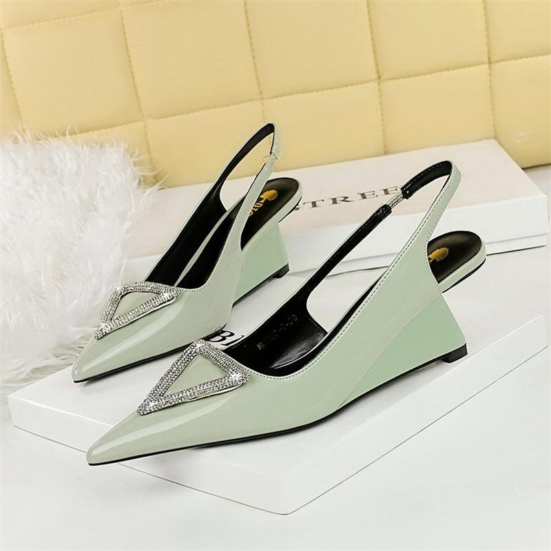 Fashion Wedges Women Shoes High Heel Shallow Pointed Toe Hollow Back Straps Patent Leather Triangle Metal Crystal Buckle Pumps