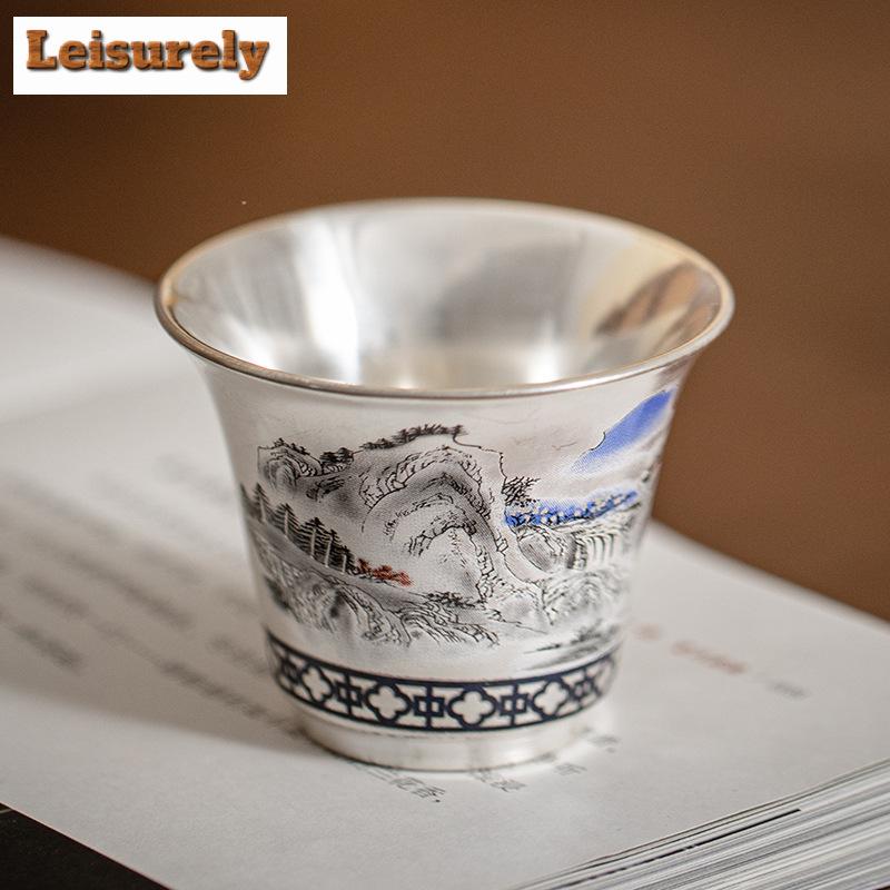 50ml Boutique Beautiful Mountains Waters Teacup Handmade Silver Plated Ceramic Small Cup Personal Master Cup Tea Bowl Drinkware