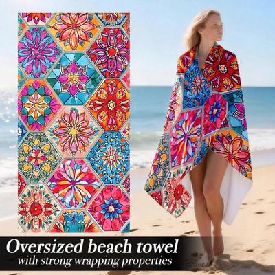 "Vibrant Geometric Flowers" Oversized Beach Towel – Lightweight & Plush, Eye-Catching Design, Perfect for Beach Use