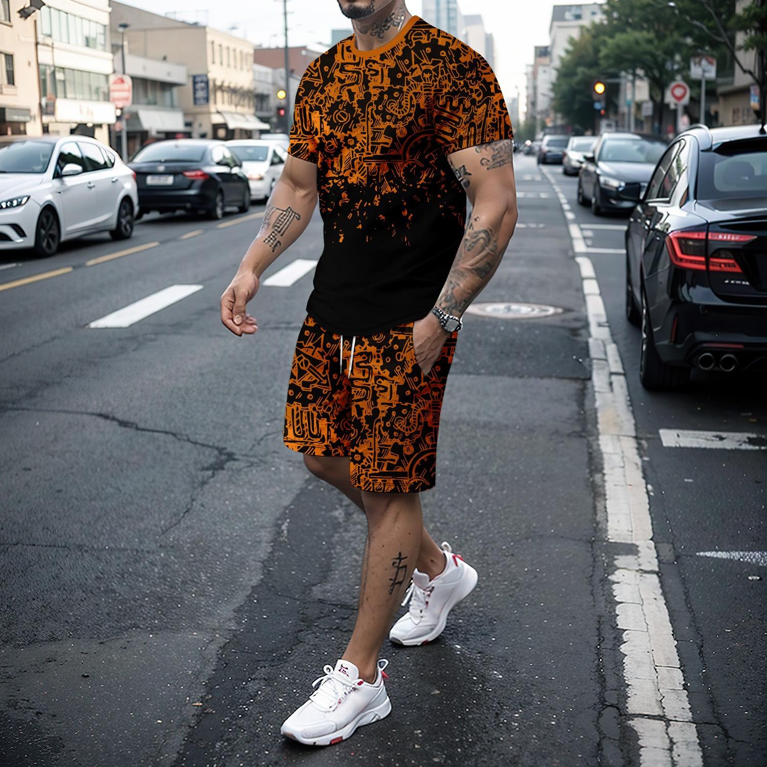 

Boutique 3D splicing retro fashion men s shorts sportswear 2-piece set XL