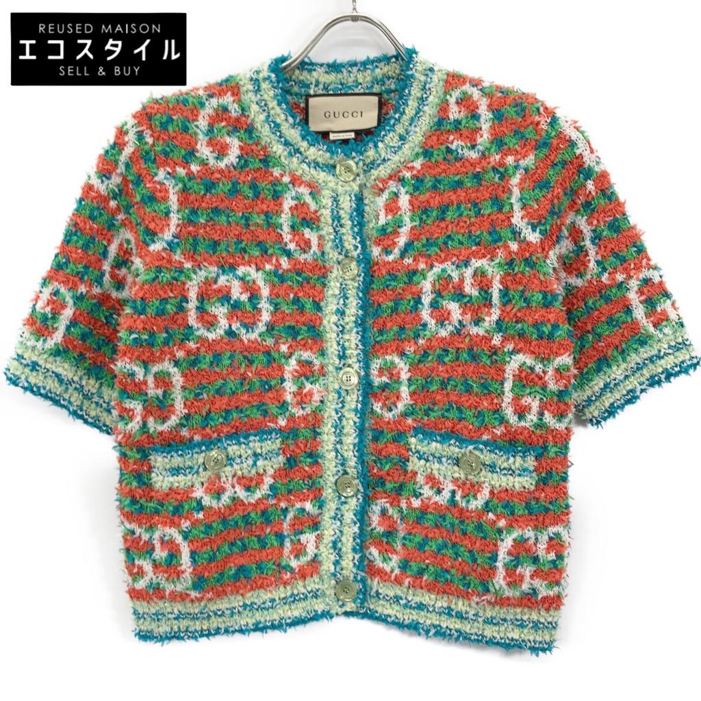 GUCCI 691588 Multicolor Cotton Maxi GG Short Sleeve Knit Cardigan tops XS multicolorUsed
