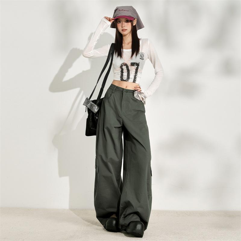 Navy Blue American Street Gal Multi-Pocket Workwear Casual Pants for Women, 1116 Autumn New Simple Trendy Floor-length Pants