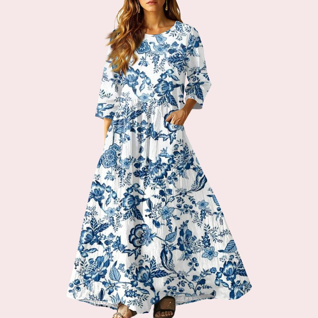 Rochie Maxi de In cu Mâneci Scurte, Stil Etnic Retro pentru Femei, cu Panglică Brodată, Decolteu în V