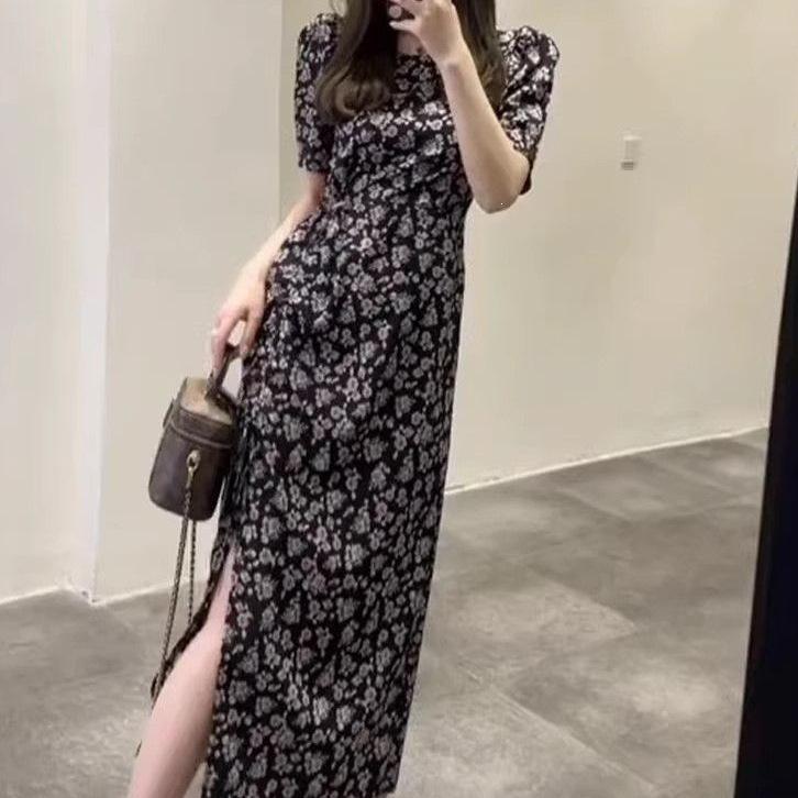 Coffee break bubble sleeve floral dress, high-end women's summer is popular this year, beautiful waist slim split dress