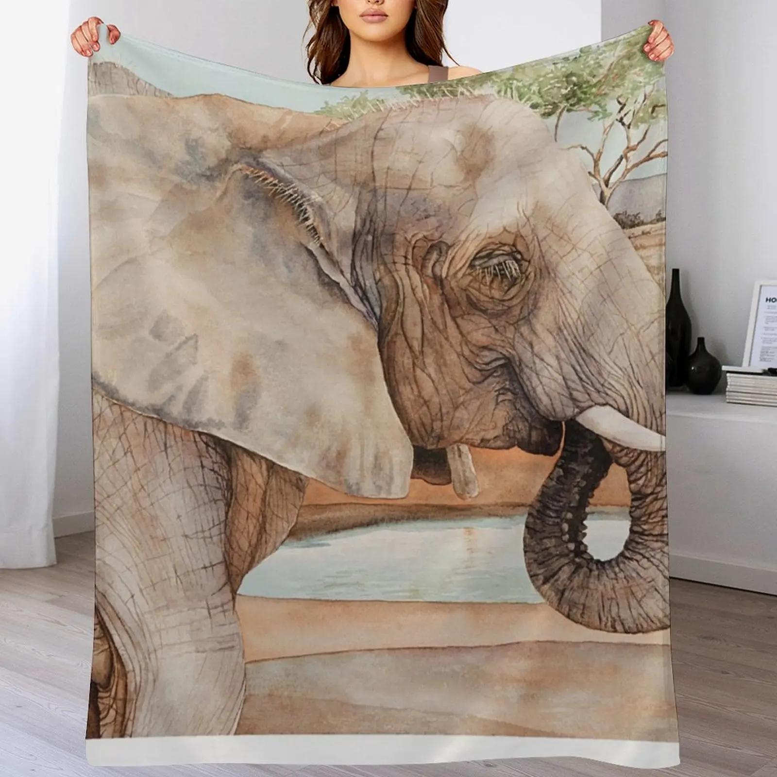 African Elephant Watercolor Throw Blanket Faux Fur Soft Warm Blanket for Bed 102x76cm(40x30in)
