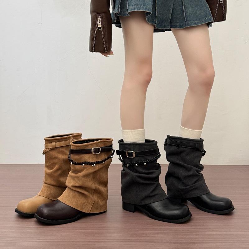 Autumn and winter knight boots handsome versatile retro style belt buckle medium and short boots and new locomotive boots pile boots women