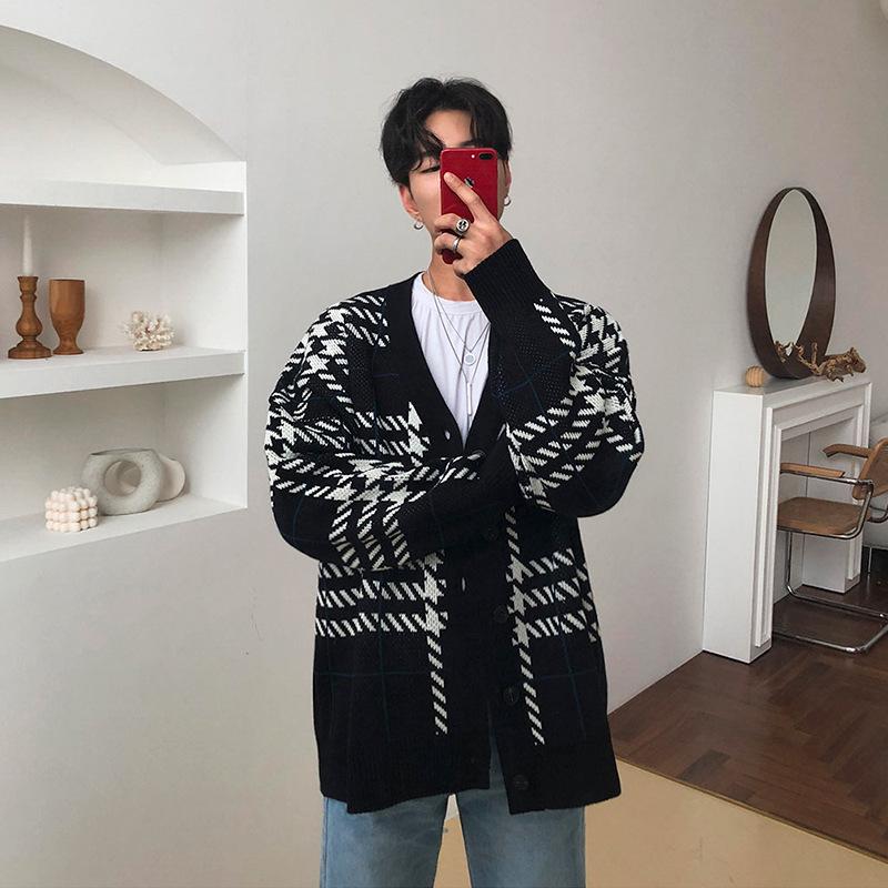 Men's Trendy Korean Plaid Cardigan Sweater Jacket - Spring/Autumn Style