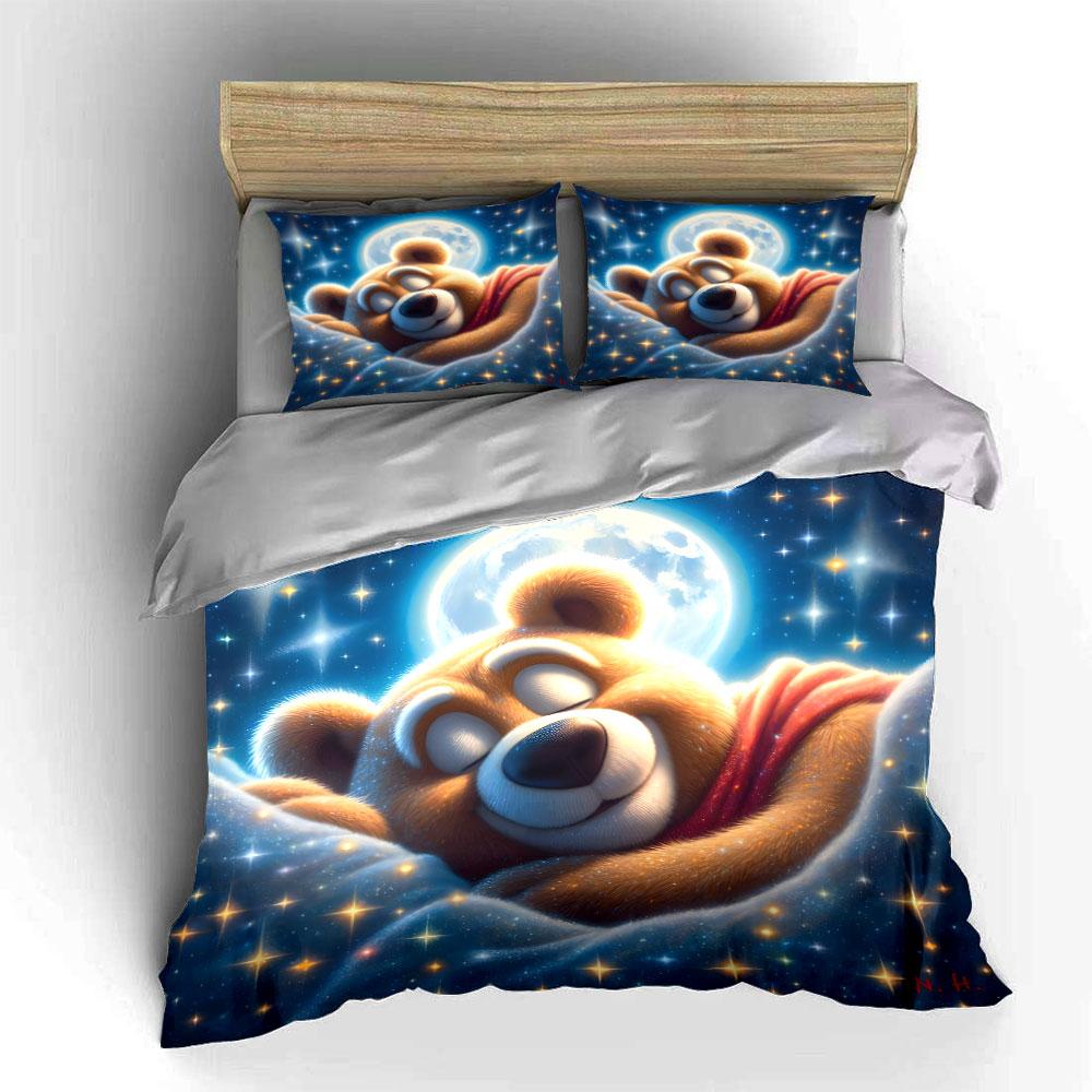 Dreamy Bear Under Moonlight Sky Bedding Set For Kids Luxury Gift 3Pcs Digital Print Comforter Set Soft Comfortable Breathable