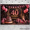 2D 40th Birthday Party Backdrop Black Pink Glitter Balloon and Cake Photo Background