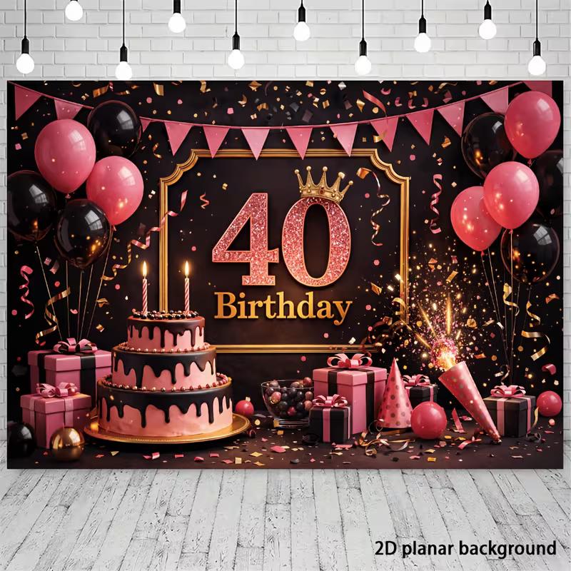 2D 40th Birthday Party Backdrop Black Pink Glitter Balloon and Cake Photo Background