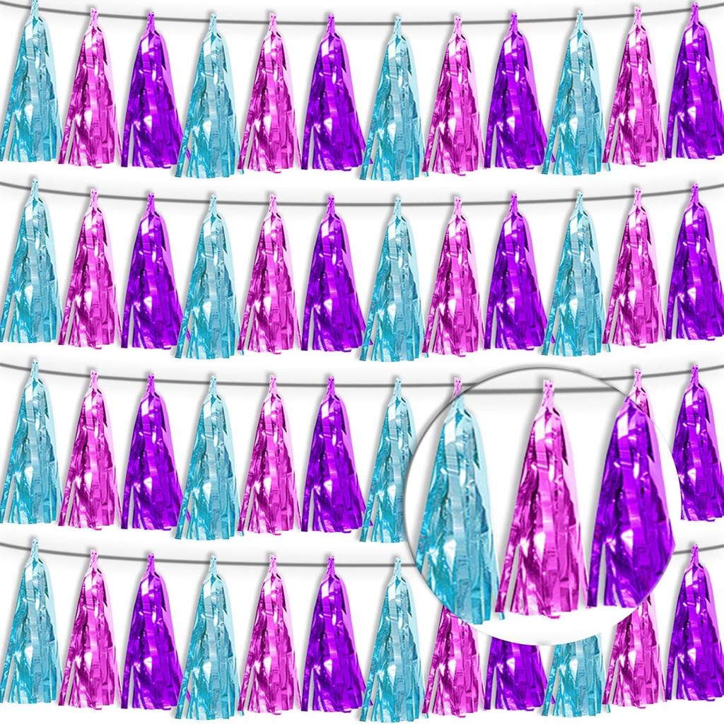 4P Lake Blue Purple-Hot Pink Tassel Banner Garland Metallic Foil Fringe Banner Tel Tassels Streamer Banner Backdrop for Parade Floats,Graduation