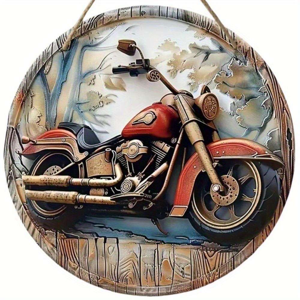 1pc 2d Flat Retro Motorcycle Circular Wooden Sign - 20cm, Suitable for Home Living Room, Bar, Caf É, Farmhouse Porch Decoration, Father's Day Gift