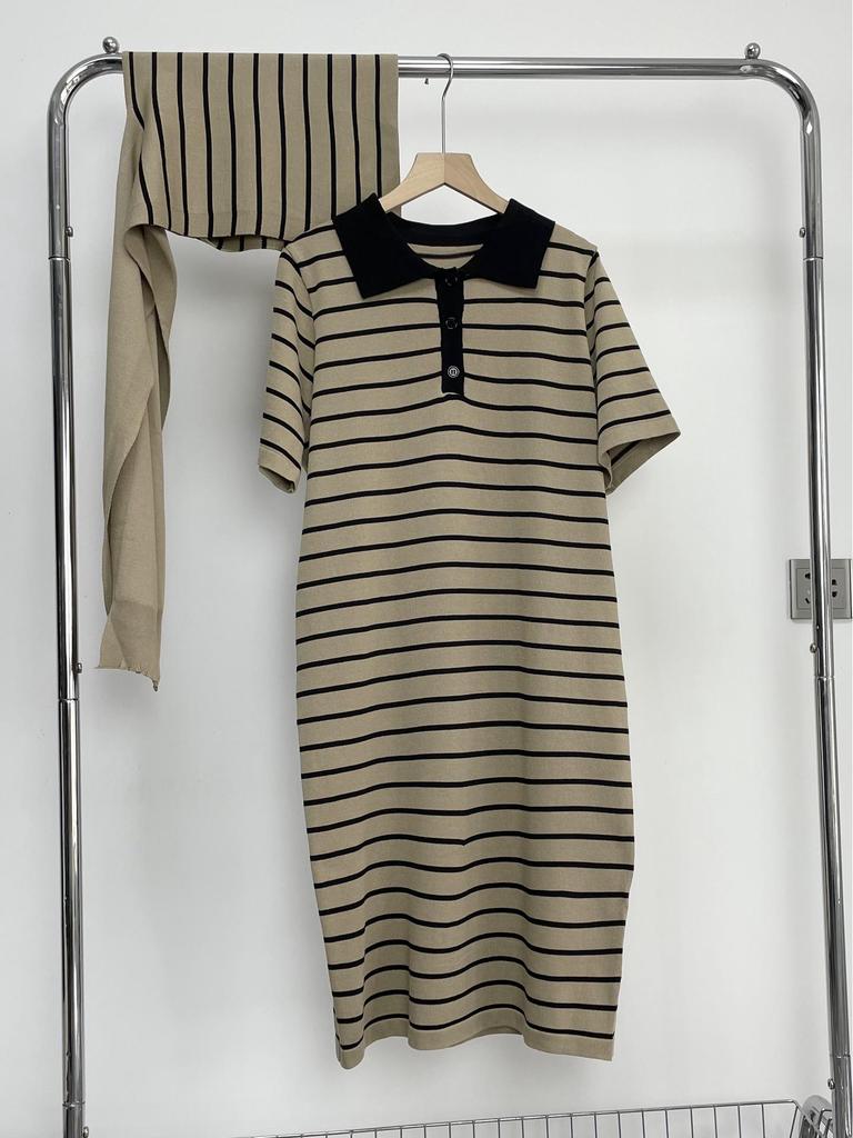 Solid Color Short Sleeve Maxi Dress with Shawl, Striped Plus Size Polo Collar Knitted Dress