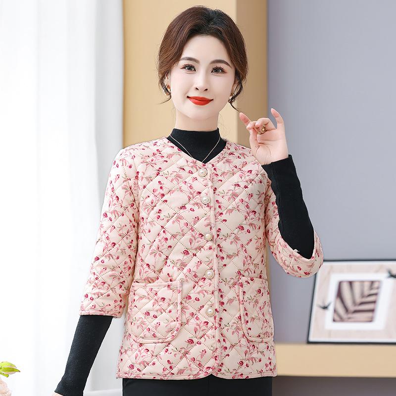 Women's Floral Print Warm Collarless Cotton Jacket with Mid and Seven-Sleeve Options, Fleece-Lined for Autumn/Winter.