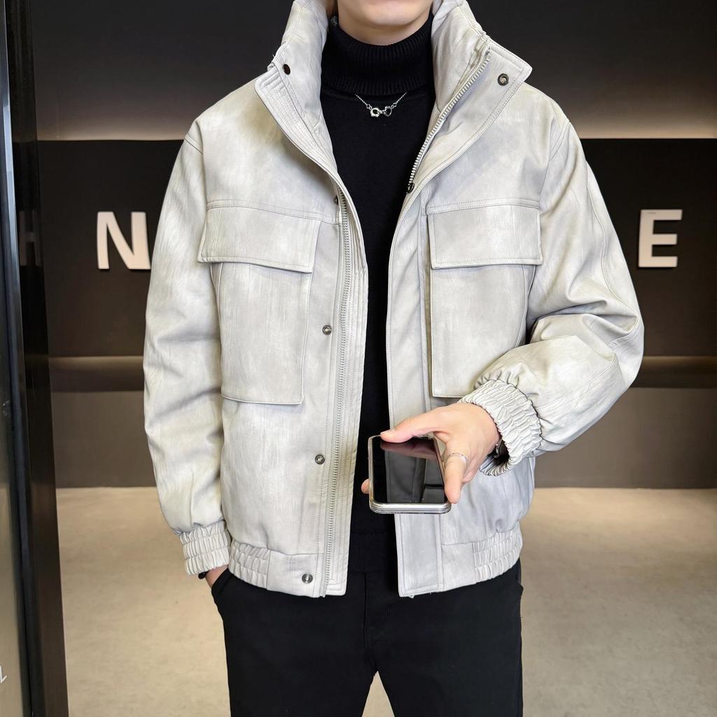 Men's 2025 Lightweight Leather Down Jacket: Stylish Short Winter Coat with Thick Stand Collar for Youth.