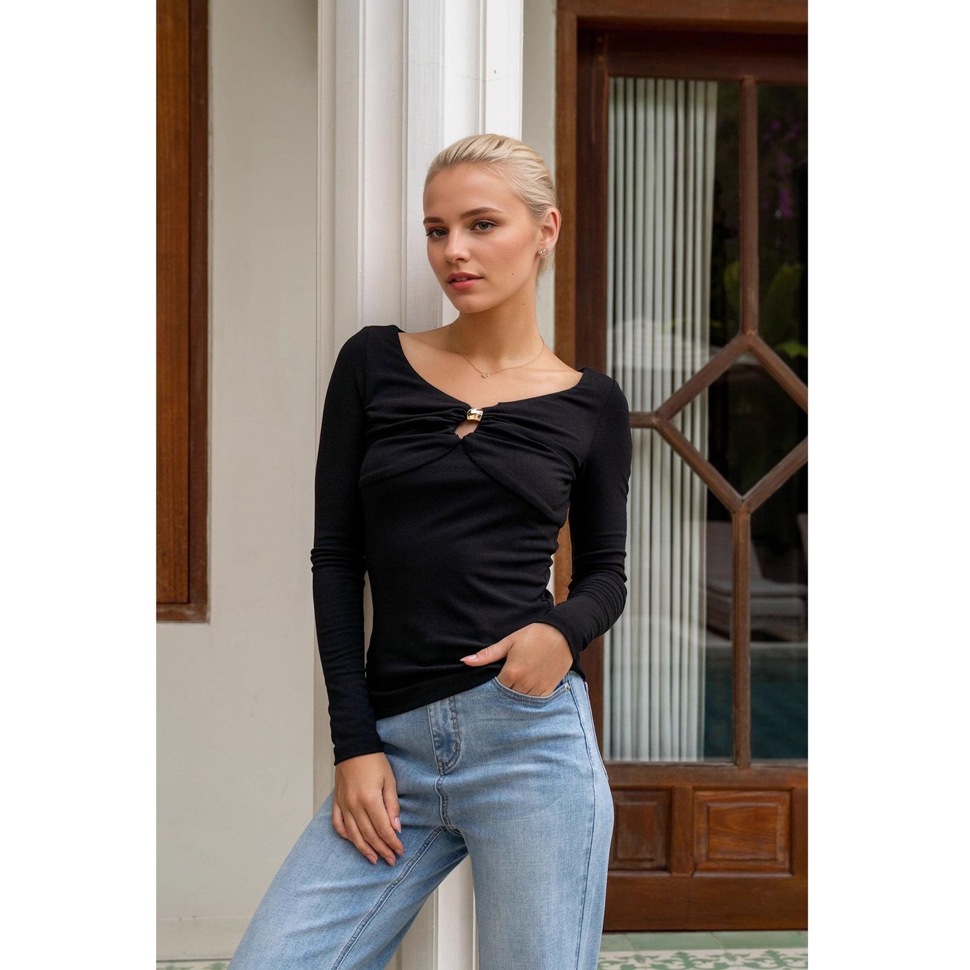 Elegant V-Neck Long-Sleeve Knit Sweater - 2025 Autumn Fashion for Women US/European size M