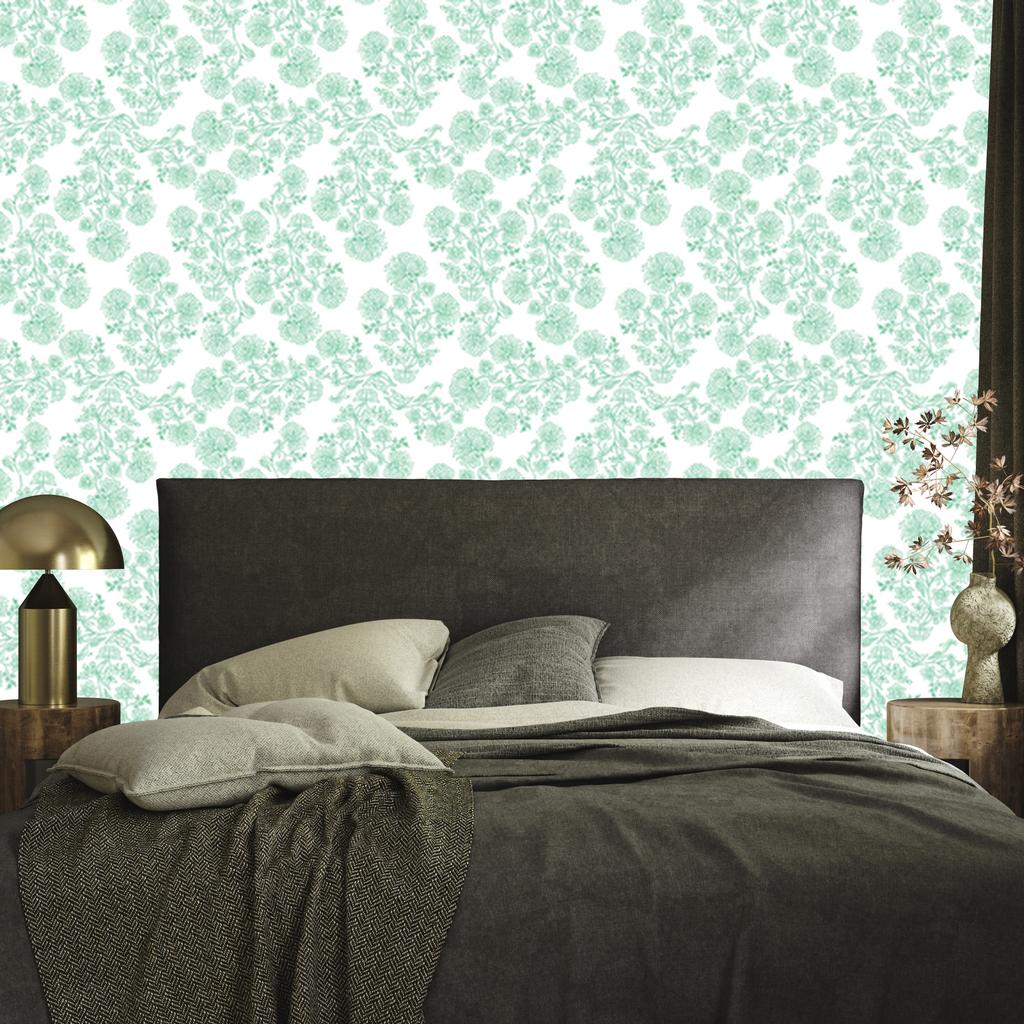 Wallpaper Flowers white and mint, white background for living room and bedroom 50x1000