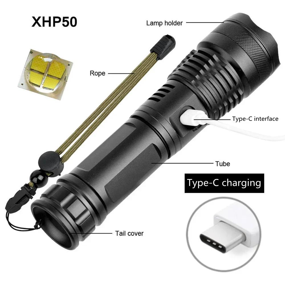 High Power 4-Core XHP50 LED Flashlight Type-C Rechargeable Torch Zoom Hand Lantern 18650 For Camping, Outdoor & Emergency Use