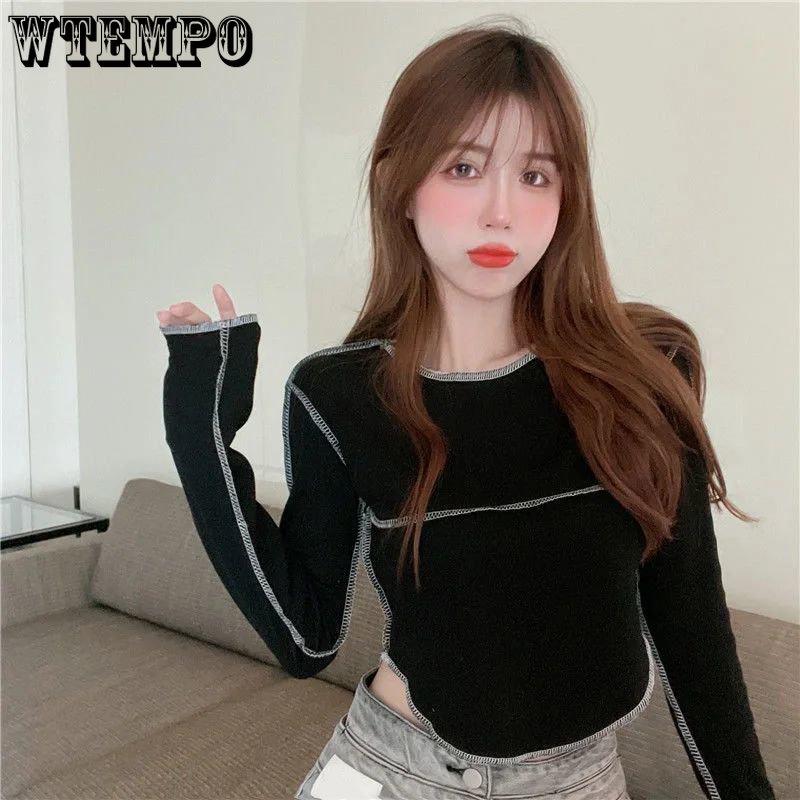 WTEMPO Tricouri cu mânecă lungă pentru femei, cu gât O, mulate, versatile, topuri de damă, uni, clasice coreene, de primăvară, de zi cu zi, de bază, populare