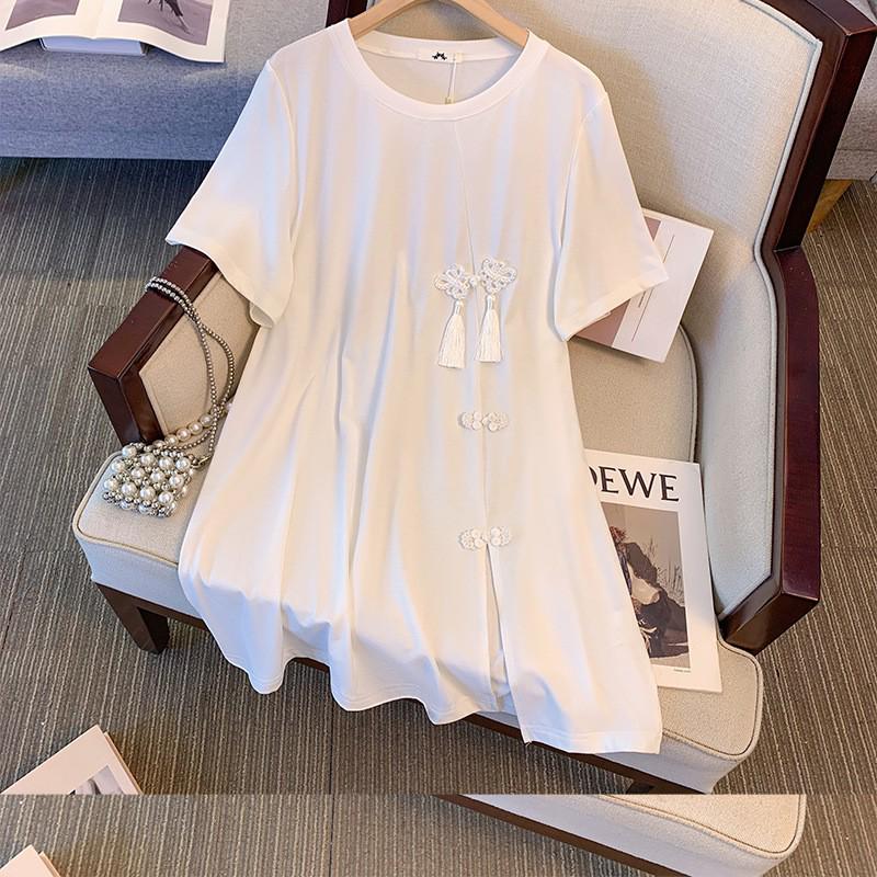 Deformation Strategy Plus Size Retro Chinese Republic Style Women's Long T-shirt, Short Sleeve, Summer