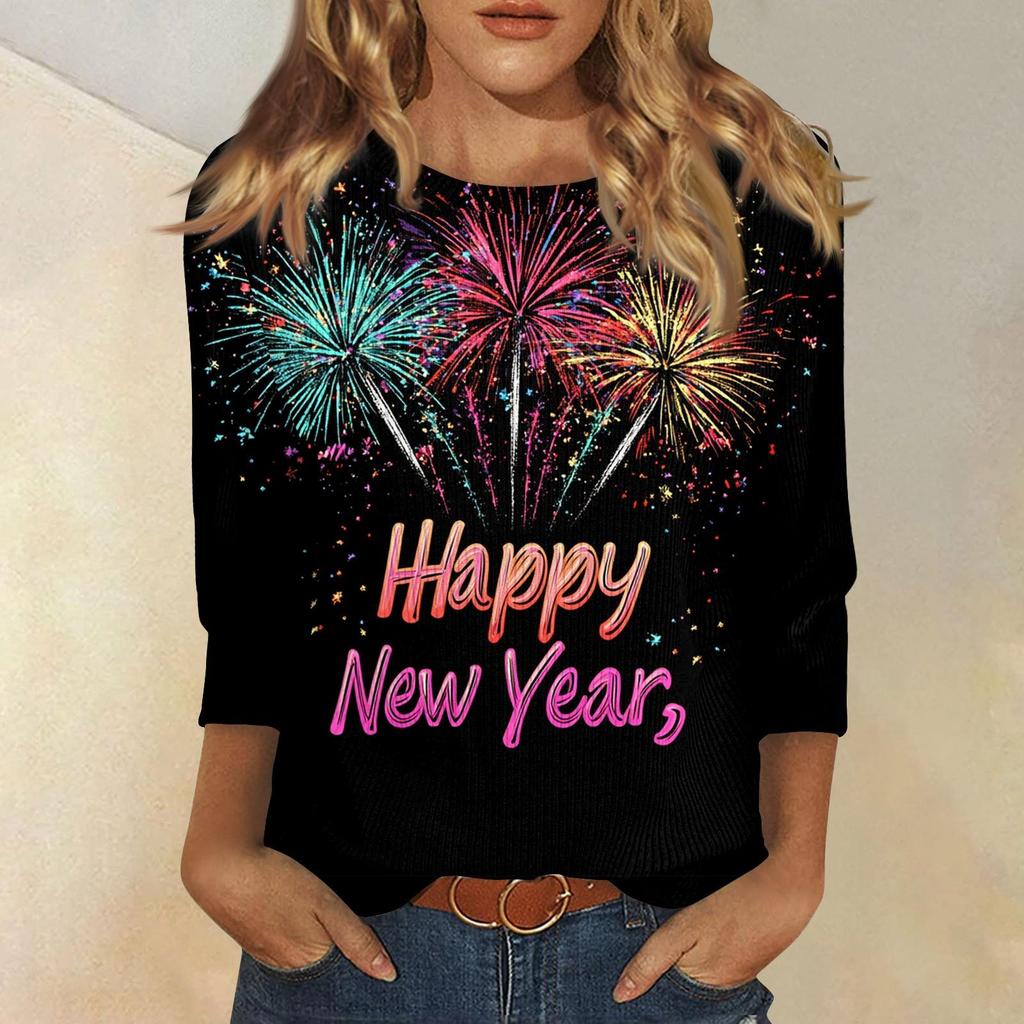 Christmas-themed Women's New Year Printed Round Neck Long-sleeved T-shirt, Festive Black and White Casual Loose Top