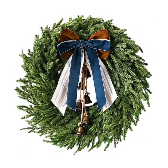 22 Inch Real Touch Christmas Wreath for Front Door Artificial Greenery Pine Cedar Wreath with Bells And Ribbon Bow for Home Porch Wall Window Decor