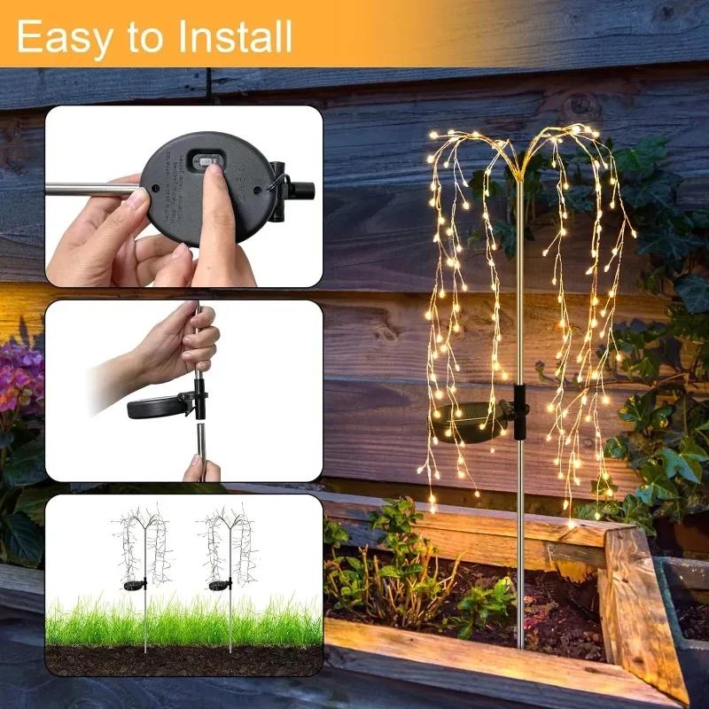 2PCS LED Solar Firework Light 8 Lighting Outdoor Waterproof Modes Solar Power Willow Trees Lights Garden Courtyards Decor Solar Lamps