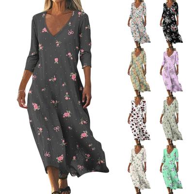 Dresses For Womens Vintage Print Tunic Waisted Midi Dress Summer Casual  3/4 Sleeve Dress