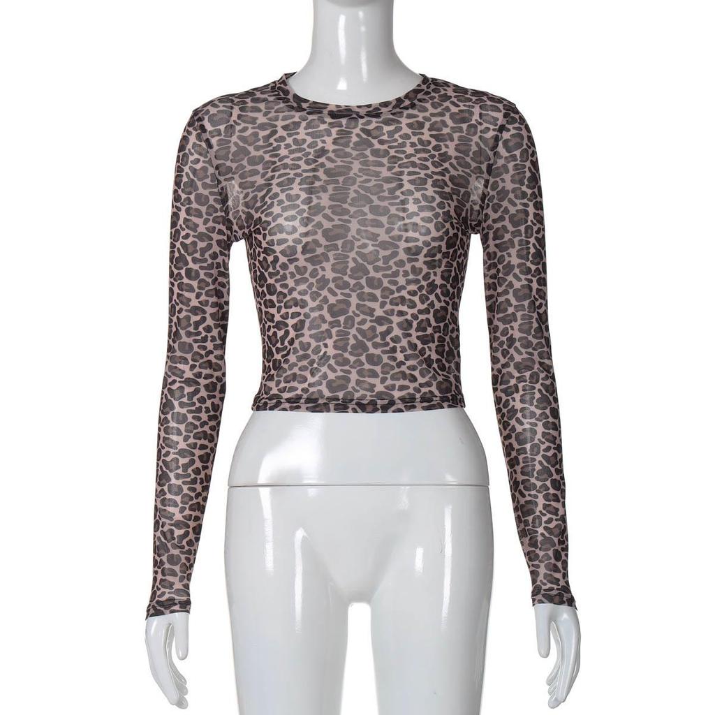 Sexy Long Sleeves Tops Mesh T Shirt Leopard Printed Bodycon Women Clothes Lady Party Club Streetwear Casual Nightout Y2K