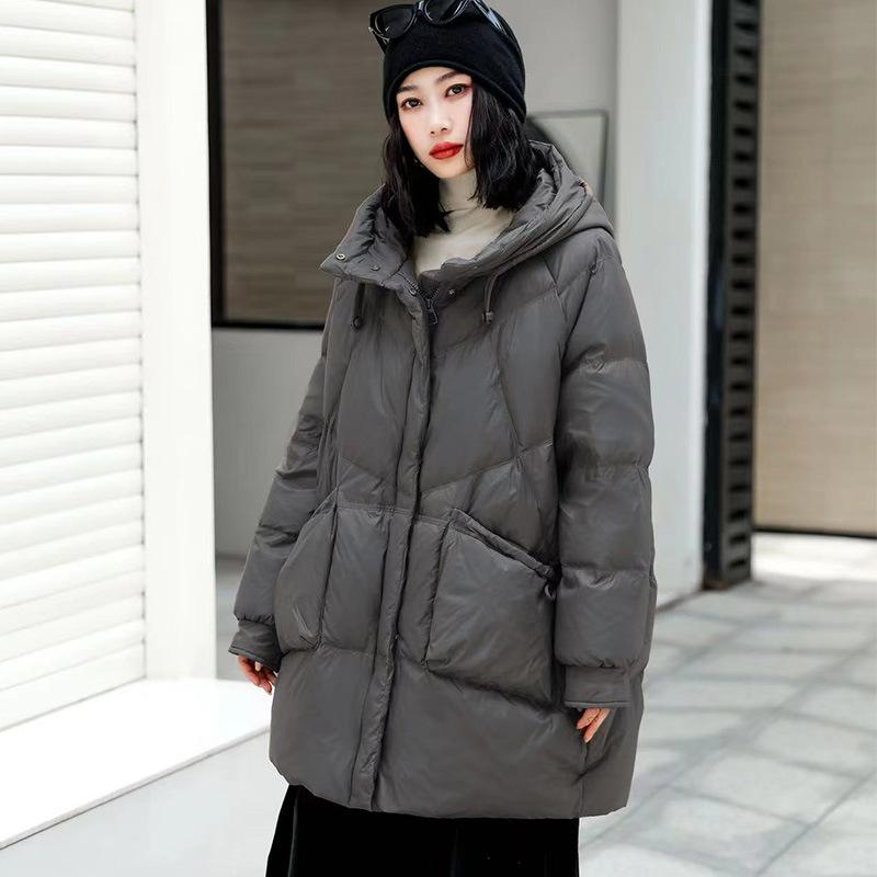 Hooded Puffer Jacket Women Warm Overcoat White Duck Down Loose  Long Winter