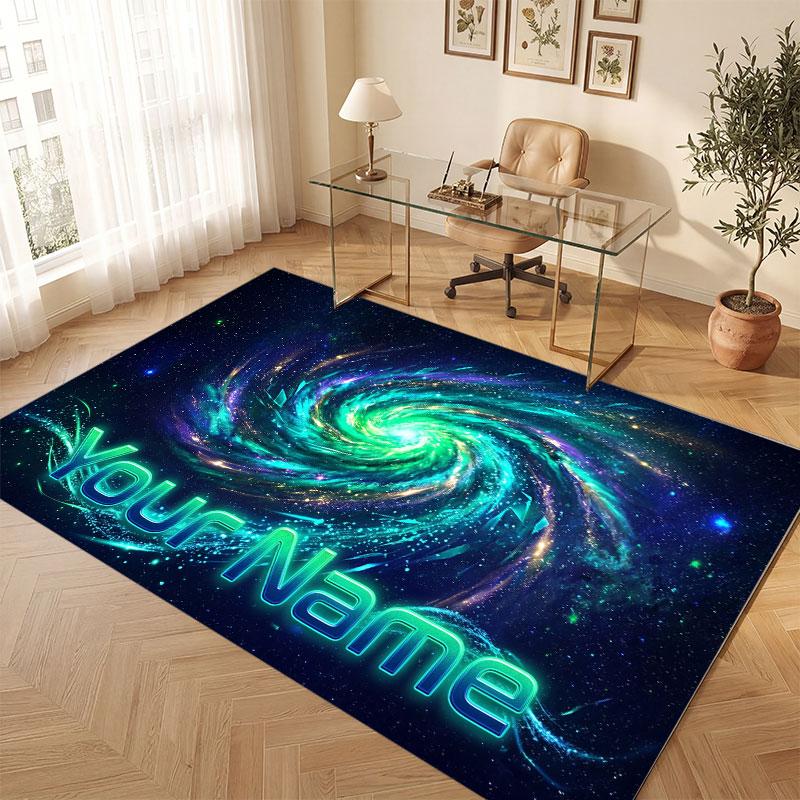 Space Cosmic Theme Crystal Velvet Floor Rug Personalized Custom Name Text Warm Carpet Home Decoration