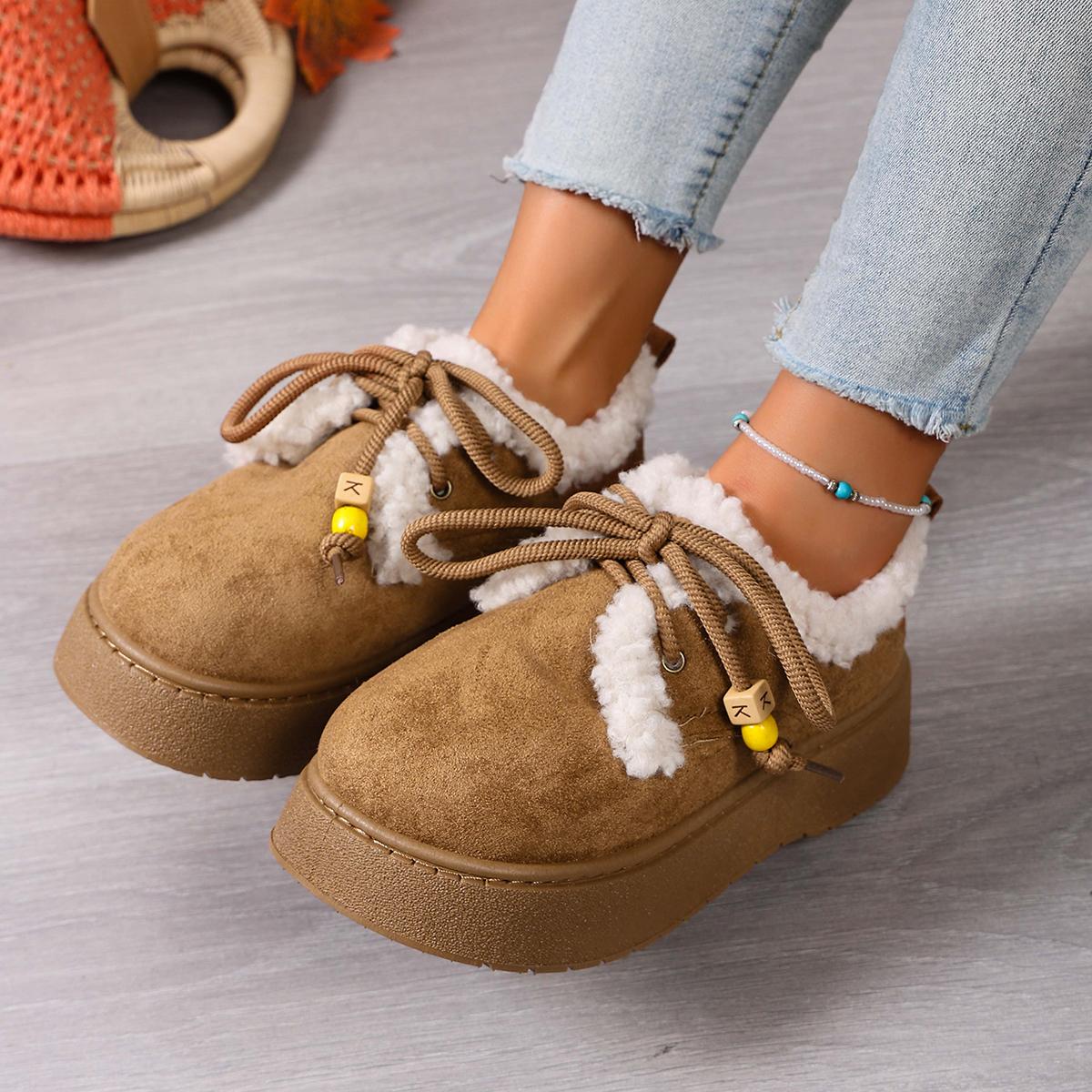 

Fashion Comfort Platform Fluffy Fur Snow Boots Women 2025 Winter Thick Bottom Furry Ankle Boots Colored Bead Lace Up Suede Casual Shoes 42 коричневый