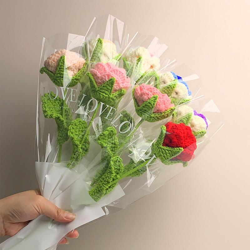 1PC Knitted Flower Rose Fake Flowers Bouquet Wedding Party Decoration Hand Knitting Crochet Woven Artificial Flower Table Decor