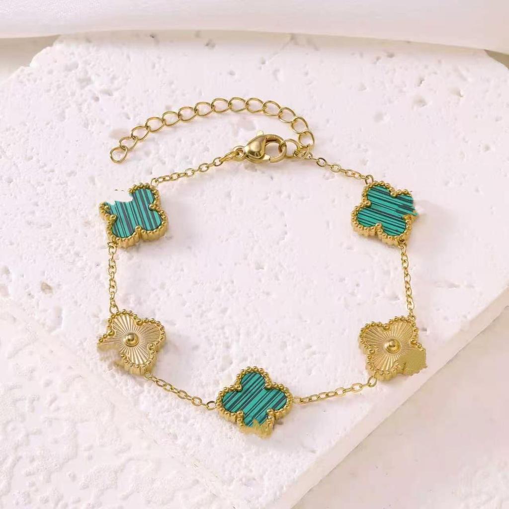 Stainless Steel 18K Double-Sided Mother-of-Pearl Four-Leaf Clover Bracelet for Men & Women - Simple Colorfast Jewelry