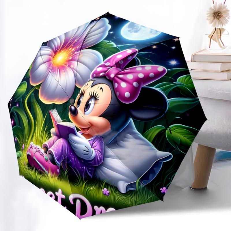1pc Sturdy 8-Bone Auto Umbrella, Minnie Mouse Pastel Pink Floral Umbrella, Digital Printed, Foldable Umbrella for On-the-Go Outdoor Use