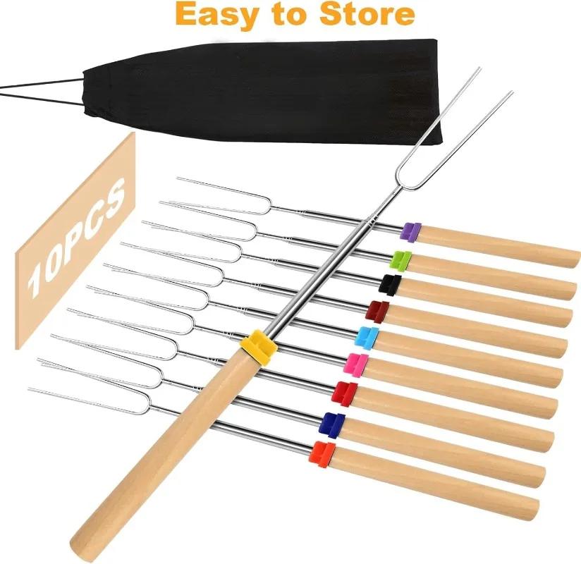 Telescoping Campfire Forks 32 Inch Stainless Steel BBQ Grill Skewer Marshmallow Roasting Sticks for Picnic Smores Cooking