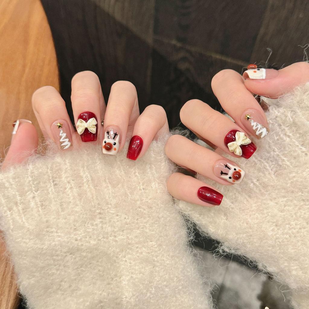Christmas Nude&Red Artificial Nails Finger Full Cover Square Artificial Nail Tips for Manicure Lovers and Beauty Bloggers