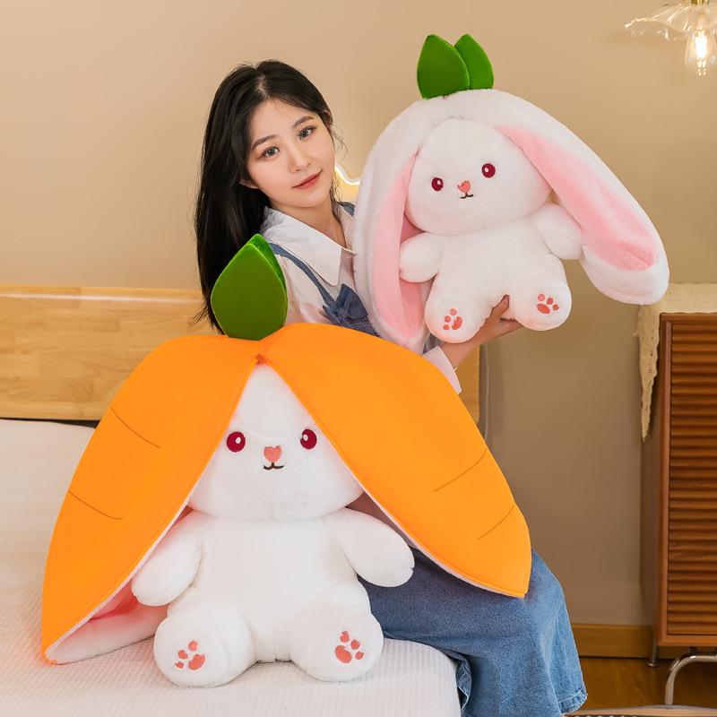 Strawberry Bunny Plush Toy with Big Ears and Carrot Stuffed Doll